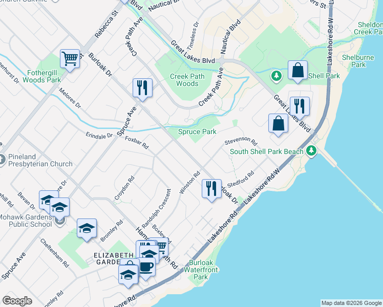 map of restaurants, bars, coffee shops, grocery stores, and more near 175 Burloak Drive in Burlington