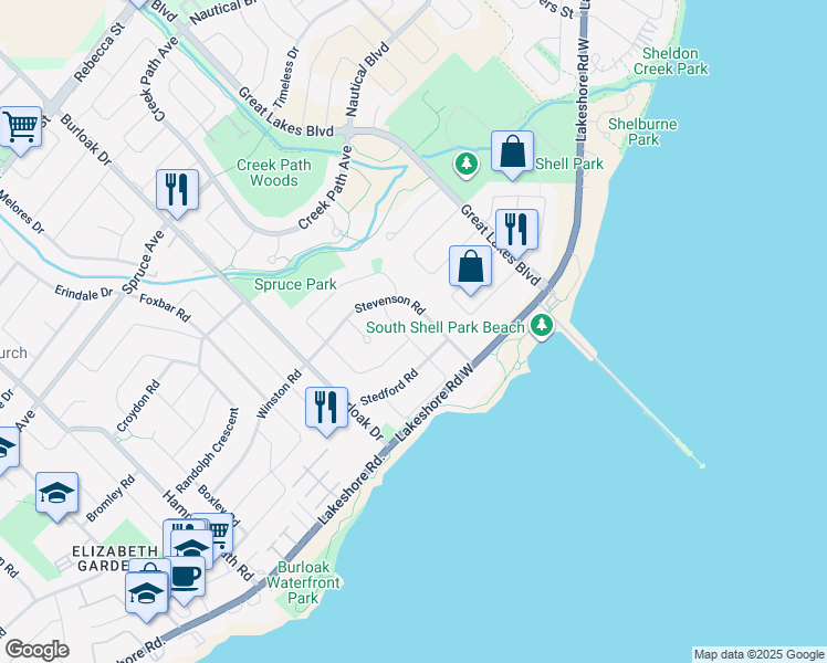 map of restaurants, bars, coffee shops, grocery stores, and more near 101 Waldie Road in Oakville
