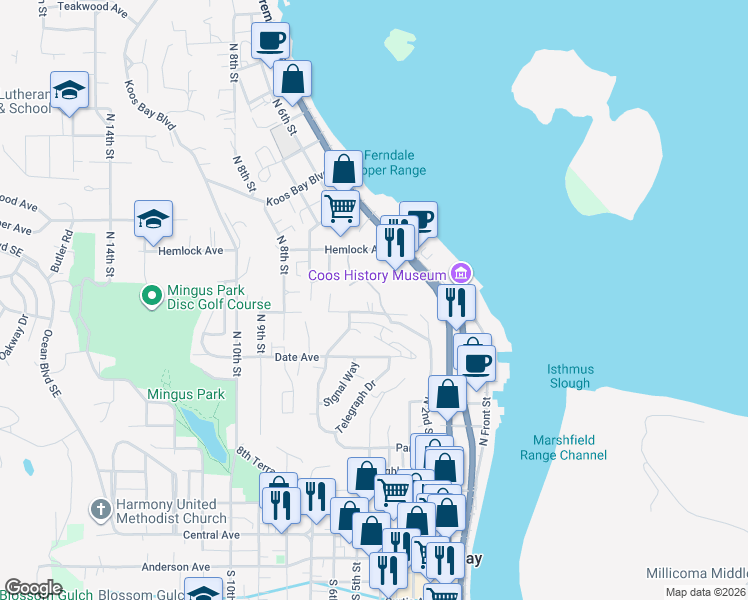 map of restaurants, bars, coffee shops, grocery stores, and more near 1163 North 4th Court in Coos Bay