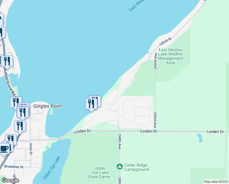 map of restaurants, bars, coffee shops, grocery stores, and more near 24000 187th St in Spirit Lake