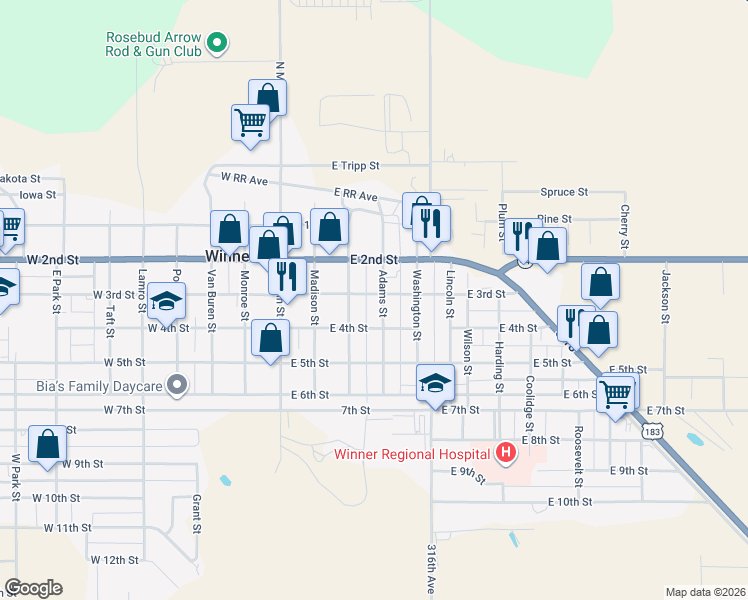 map of restaurants, bars, coffee shops, grocery stores, and more near 300-398 East 3rd Street in Winner