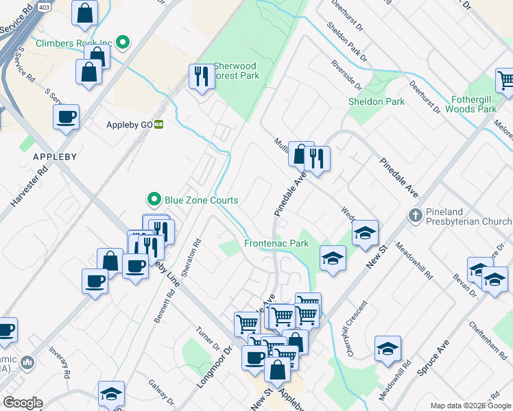 map of restaurants, bars, coffee shops, grocery stores, and more near 5141 Idlewood Crescent in Burlington