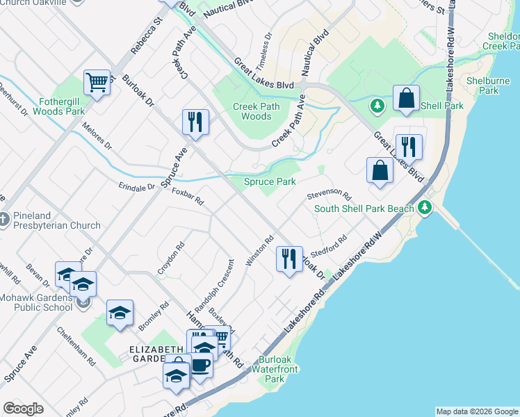 map of restaurants, bars, coffee shops, grocery stores, and more near 185 Burloak Drive in Burlington