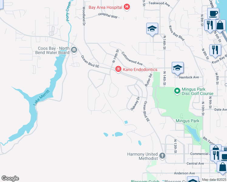 map of restaurants, bars, coffee shops, grocery stores, and more near 1855 Ocean Boulevard Southeast in Coos Bay