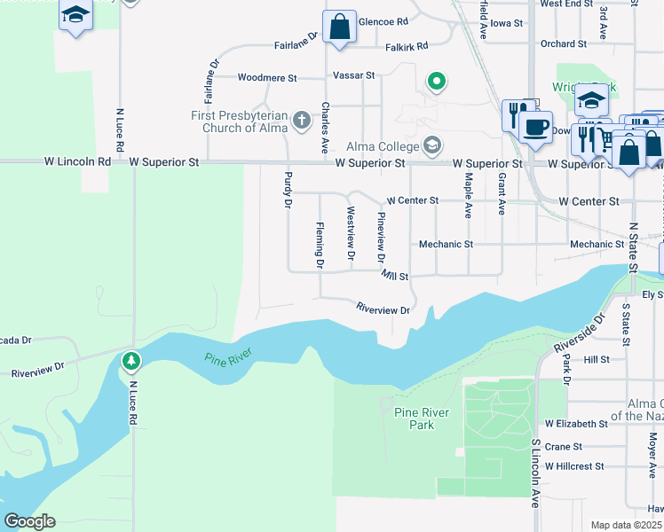map of restaurants, bars, coffee shops, grocery stores, and more near 932 Mill Street in Alma