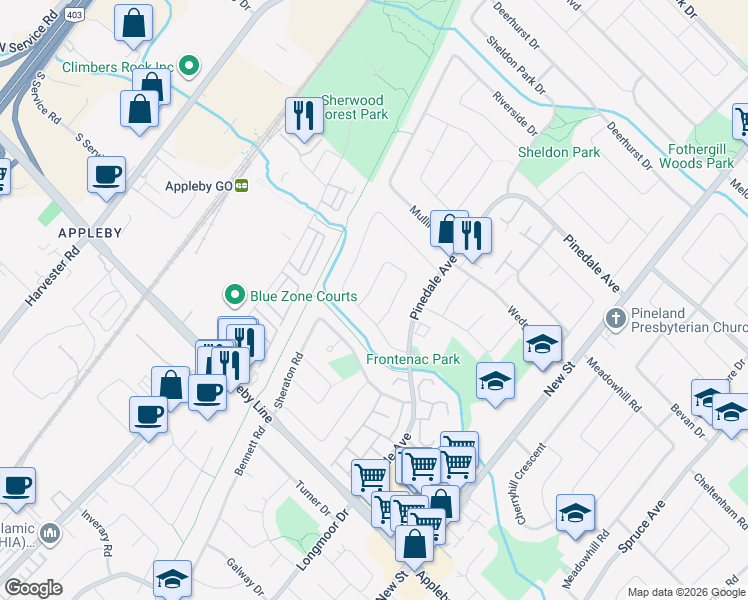 map of restaurants, bars, coffee shops, grocery stores, and more near 5141 Idlewood Crescent in Burlington