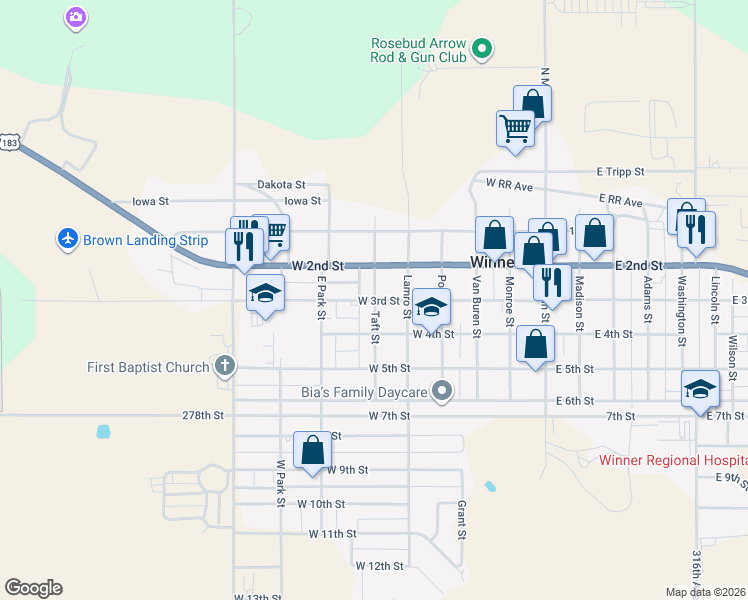 map of restaurants, bars, coffee shops, grocery stores, and more near 600 West 3rd Street in Winner