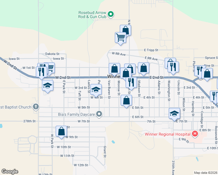 map of restaurants, bars, coffee shops, grocery stores, and more near 300 West 3rd Street in Winner