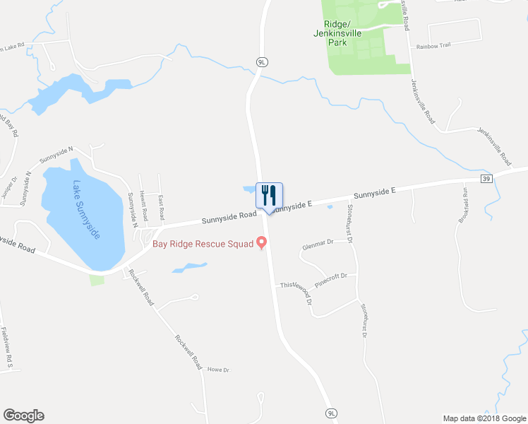 map of restaurants, bars, coffee shops, grocery stores, and more near Ridge Road & Sunnyside Road in Queensbury