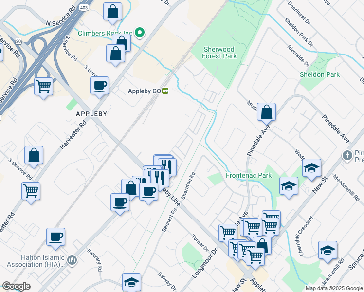 map of restaurants, bars, coffee shops, grocery stores, and more near 5080 Fairview Street in Burlington