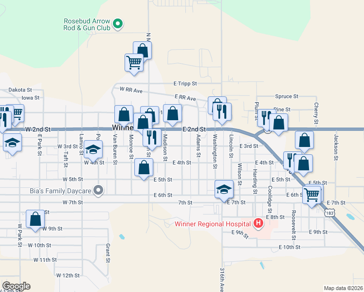 map of restaurants, bars, coffee shops, grocery stores, and more near 300 East 3rd Street in Winner