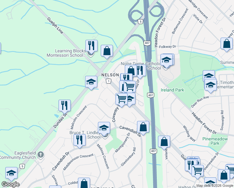 map of restaurants, bars, coffee shops, grocery stores, and more near 2499 Whittaker Drive in Burlington