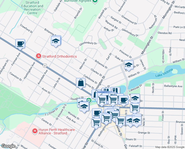 map of restaurants, bars, coffee shops, grocery stores, and more near 19 Jones Street in Stratford