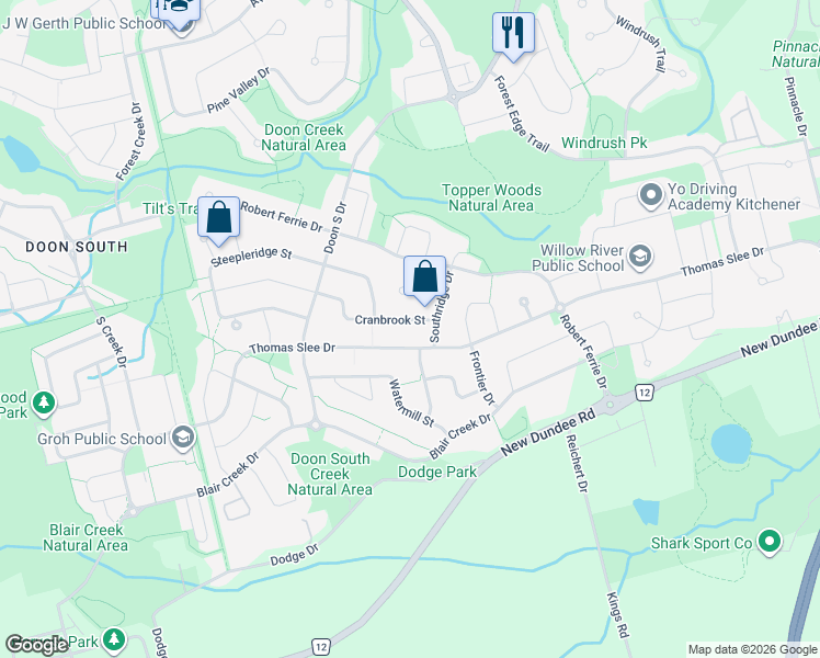 map of restaurants, bars, coffee shops, grocery stores, and more near 23 Cranbrook Street in Kitchener