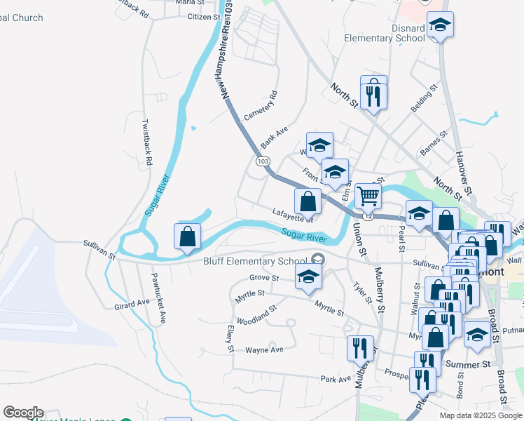 map of restaurants, bars, coffee shops, grocery stores, and more near 86 Lafayette Street in Claremont