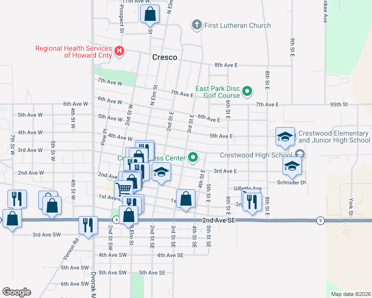 map of restaurants, bars, coffee shops, grocery stores, and more near 301 4th Avenue East in Cresco