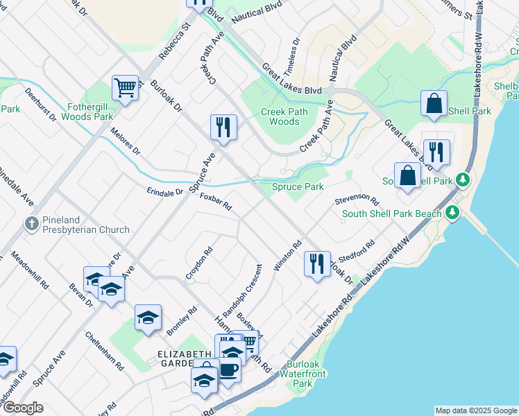 map of restaurants, bars, coffee shops, grocery stores, and more near 5522 Randolph Crescent in Burlington
