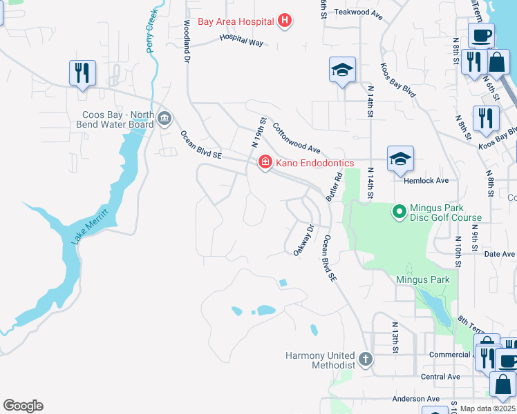 map of restaurants, bars, coffee shops, grocery stores, and more near 1855 Ocean Boulevard Southeast in Coos Bay