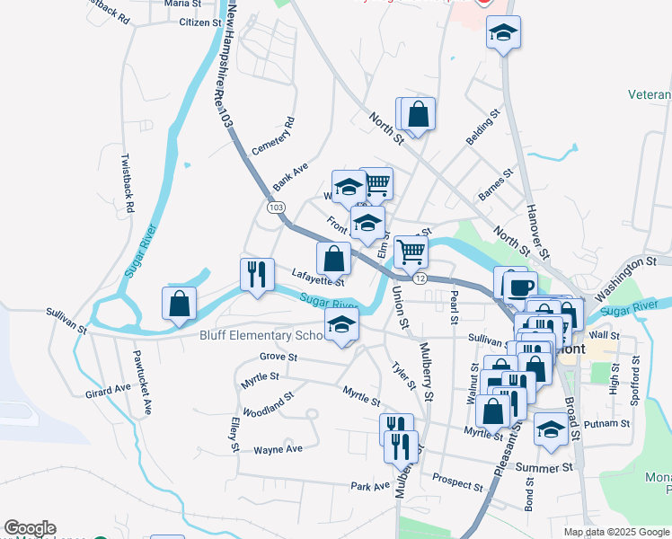 map of restaurants, bars, coffee shops, grocery stores, and more near 46 Briggs Street in Claremont