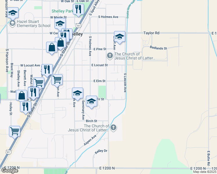 map of restaurants, bars, coffee shops, grocery stores, and more near 427 South Milton Avenue in Shelley