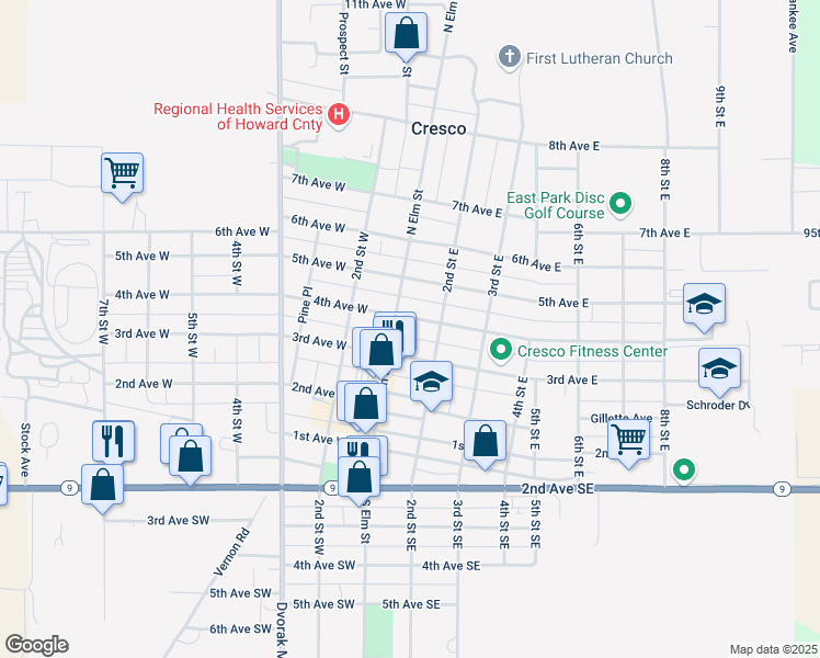map of restaurants, bars, coffee shops, grocery stores, and more near 101-199 4th Avenue East in Cresco