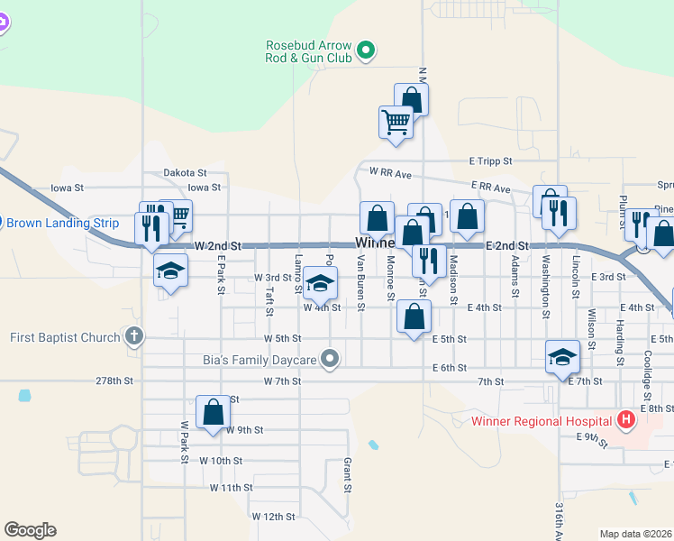 map of restaurants, bars, coffee shops, grocery stores, and more near 300-398 West 3rd Street in Winner