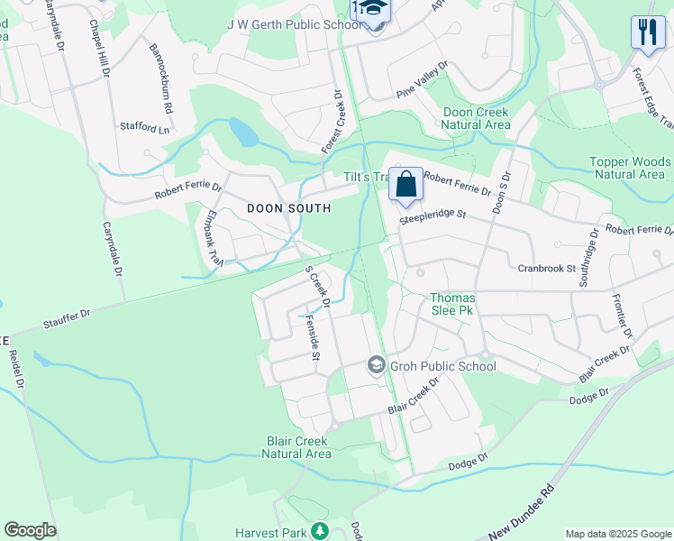 map of restaurants, bars, coffee shops, grocery stores, and more near 115 South Creek Drive in Kitchener