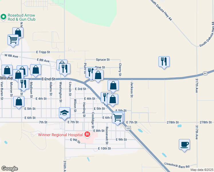 map of restaurants, bars, coffee shops, grocery stores, and more near 861 South Dakota 44 in Winner