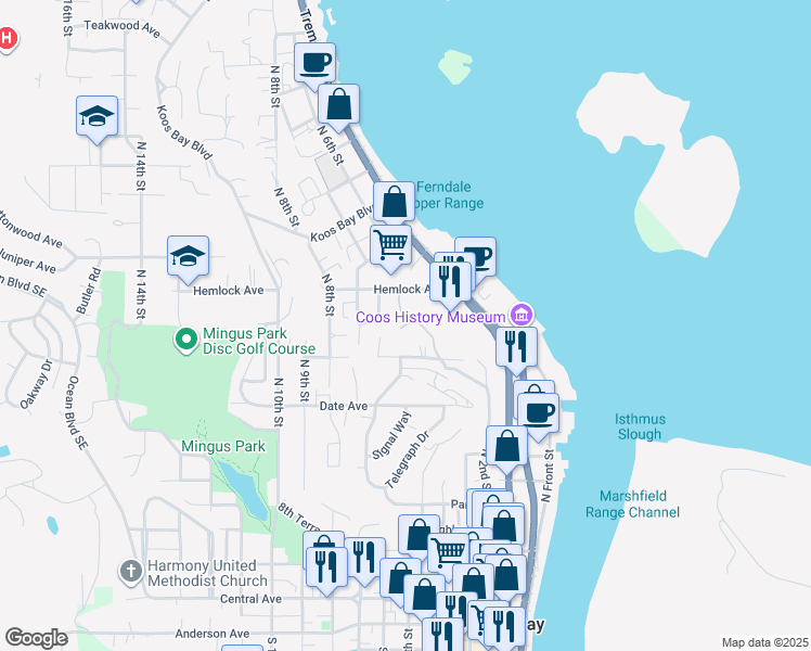 map of restaurants, bars, coffee shops, grocery stores, and more near 1163 North 4th Court in Coos Bay