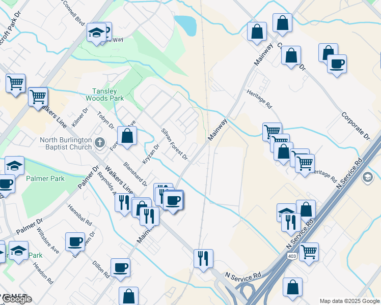 map of restaurants, bars, coffee shops, grocery stores, and more near 1253 Silvan Forest Drive in Burlington