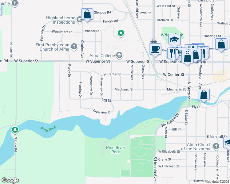 map of restaurants, bars, coffee shops, grocery stores, and more near 111 Cedar Avenue in Alma