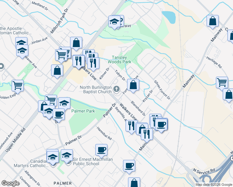 map of restaurants, bars, coffee shops, grocery stores, and more near 1377 Walkers Line in Burlington