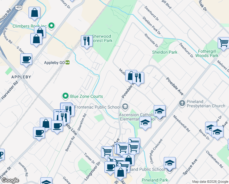 map of restaurants, bars, coffee shops, grocery stores, and more near 5153 Idlewood Crescent in Burlington