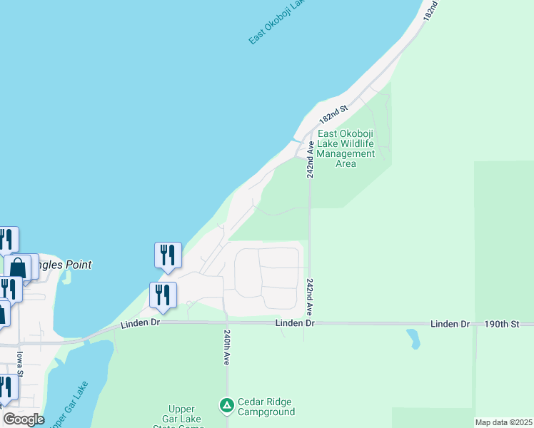 map of restaurants, bars, coffee shops, grocery stores, and more near 24000-254098 187th Street in Spirit Lake