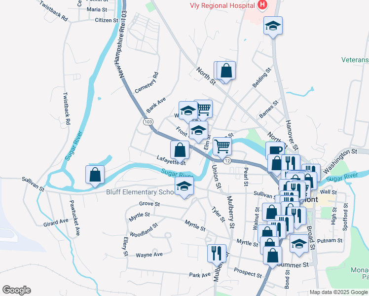 map of restaurants, bars, coffee shops, grocery stores, and more near 46 Briggs Street in Claremont