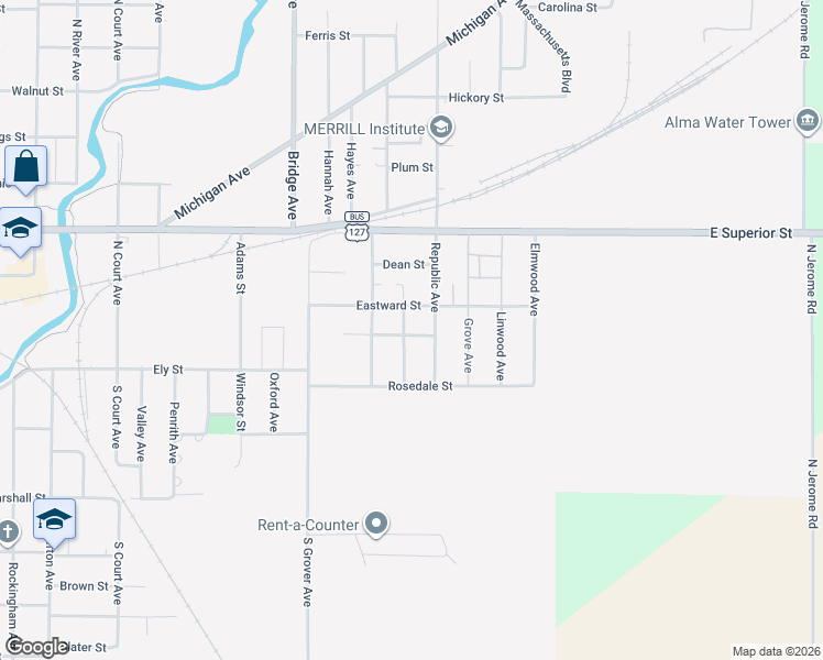 map of restaurants, bars, coffee shops, grocery stores, and more near 114 Williamette Avenue in Alma