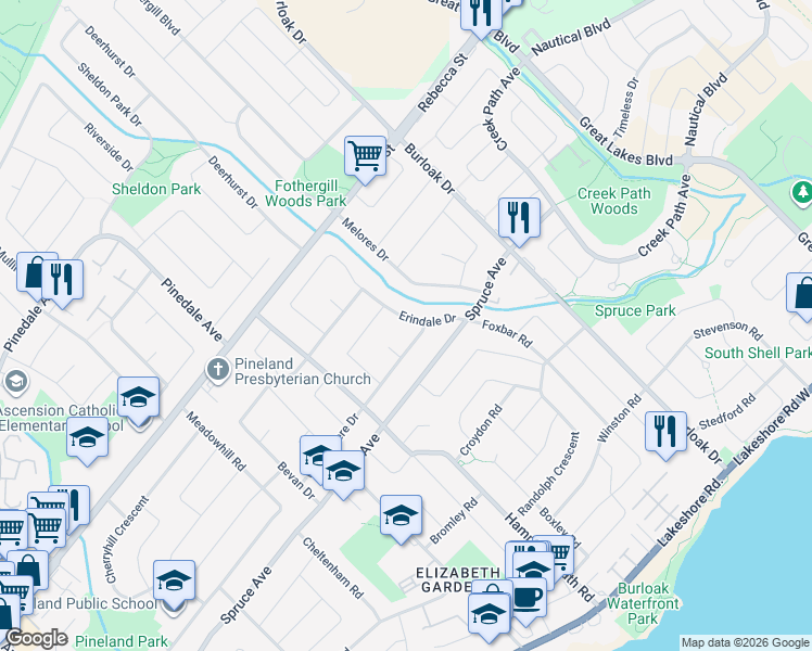 map of restaurants, bars, coffee shops, grocery stores, and more near 340 Erindale Drive in Burlington