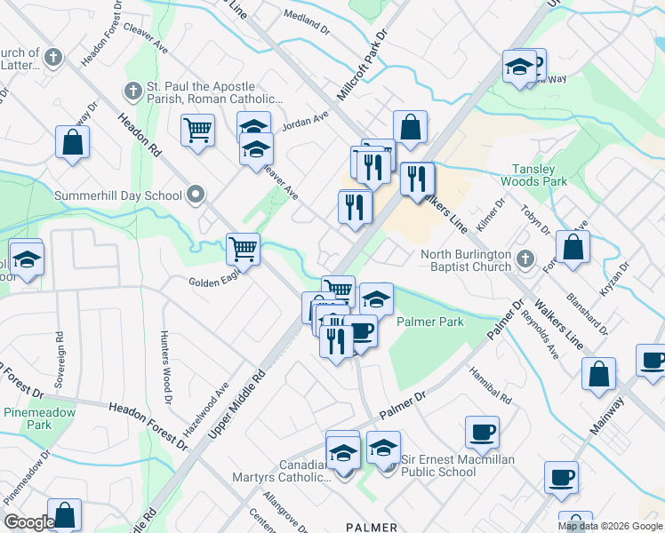map of restaurants, bars, coffee shops, grocery stores, and more near 2020 Cleaver Avenue in Burlington