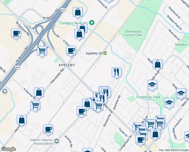 map of restaurants, bars, coffee shops, grocery stores, and more near 747 Appleby Line in Burlington