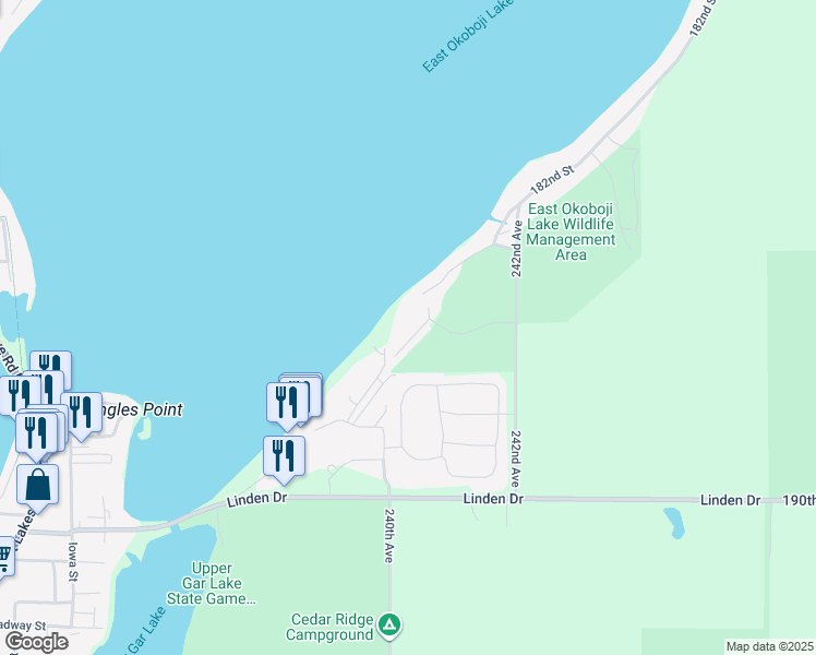 map of restaurants, bars, coffee shops, grocery stores, and more near 24000-254098 187th Street in Spirit Lake