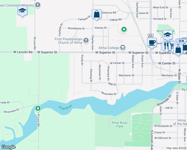map of restaurants, bars, coffee shops, grocery stores, and more near 932 Mill Street in Alma
