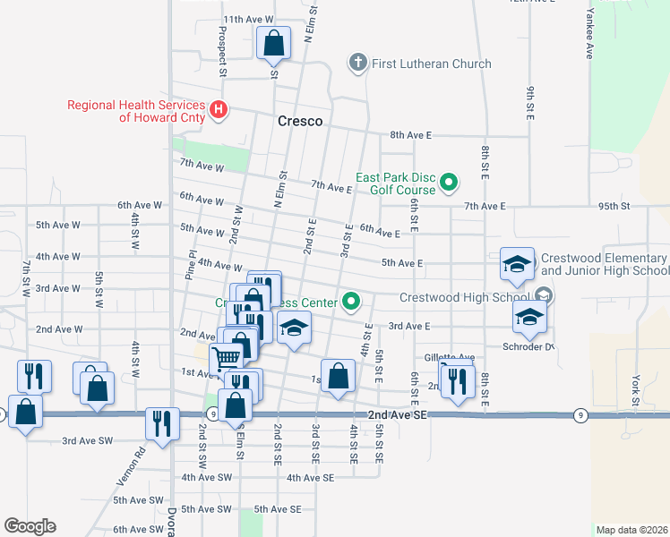 map of restaurants, bars, coffee shops, grocery stores, and more near 301-399 4th Avenue East in Cresco