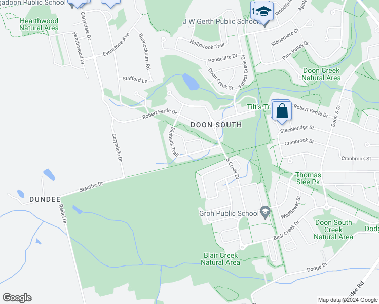 map of restaurants, bars, coffee shops, grocery stores, and more near 130 Elmbank Trail in Kitchener