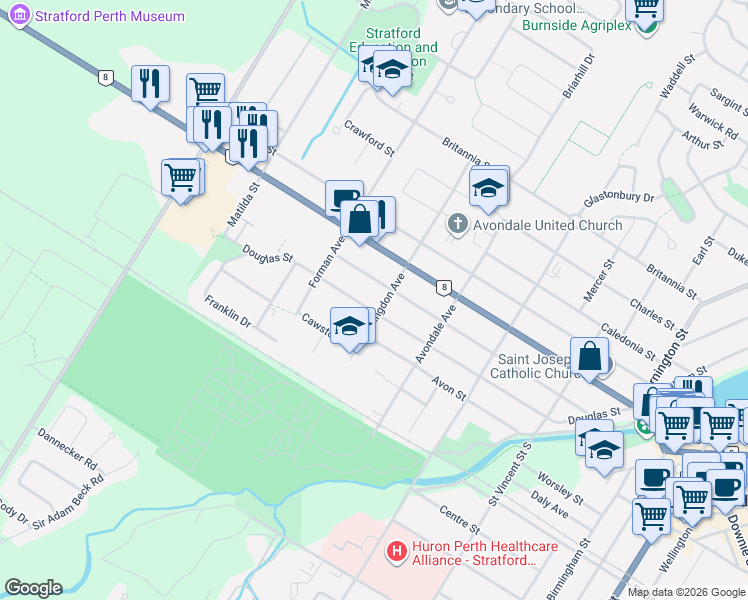 map of restaurants, bars, coffee shops, grocery stores, and more near 304 Douglas Street in Stratford