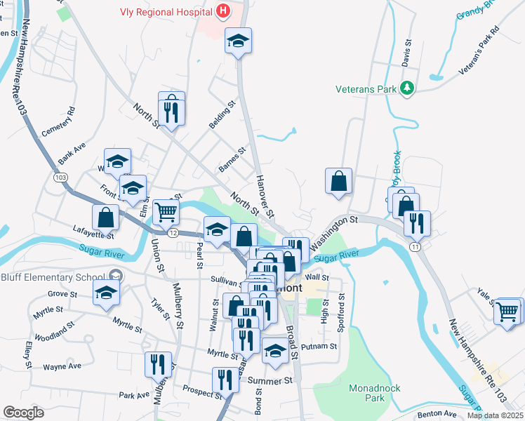 map of restaurants, bars, coffee shops, grocery stores, and more near 26 Hanover Street in Claremont