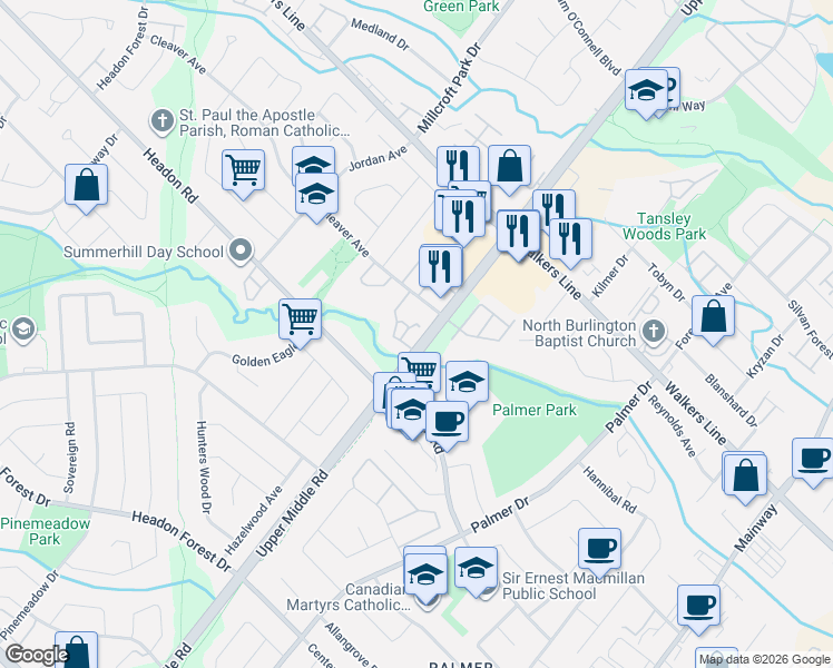 map of restaurants, bars, coffee shops, grocery stores, and more near 2020 Cleaver Avenue in Burlington