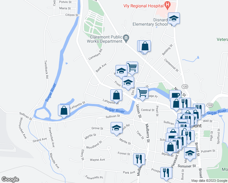 map of restaurants, bars, coffee shops, grocery stores, and more near 204 Main Street in Claremont