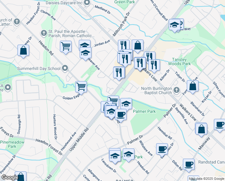 map of restaurants, bars, coffee shops, grocery stores, and more near in Burlington