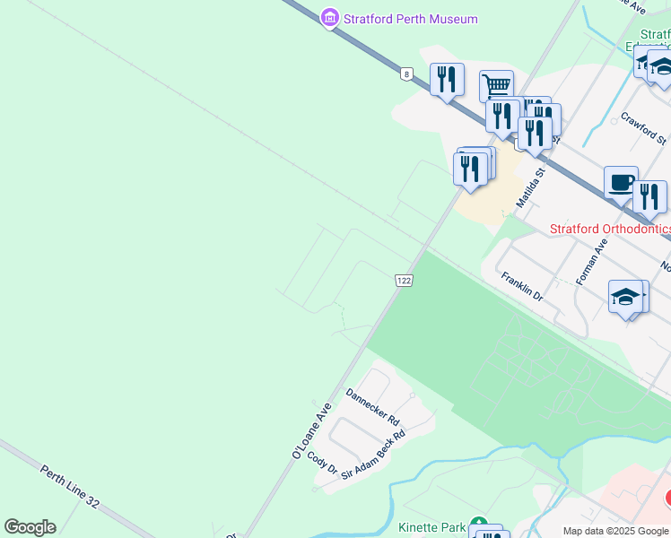 map of restaurants, bars, coffee shops, grocery stores, and more near 106 Brown Street in Stratford