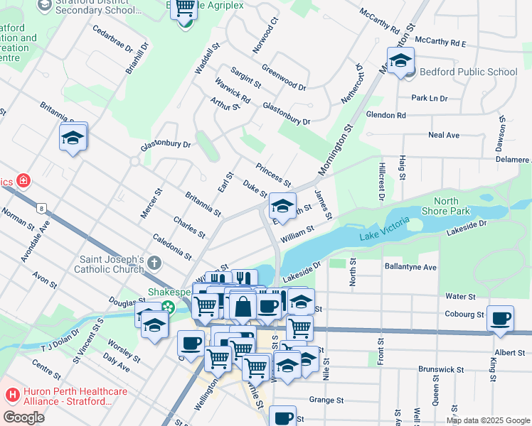 map of restaurants, bars, coffee shops, grocery stores, and more near 198 Mornington Street in Stratford